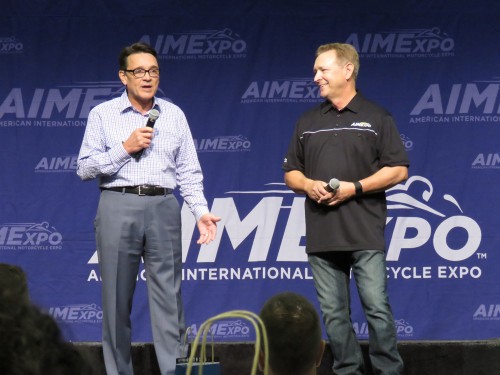 Motorcycle Industry Council members Tim Buche (left) and Larry Little detail MIC's purchase of AIMExpo event.
